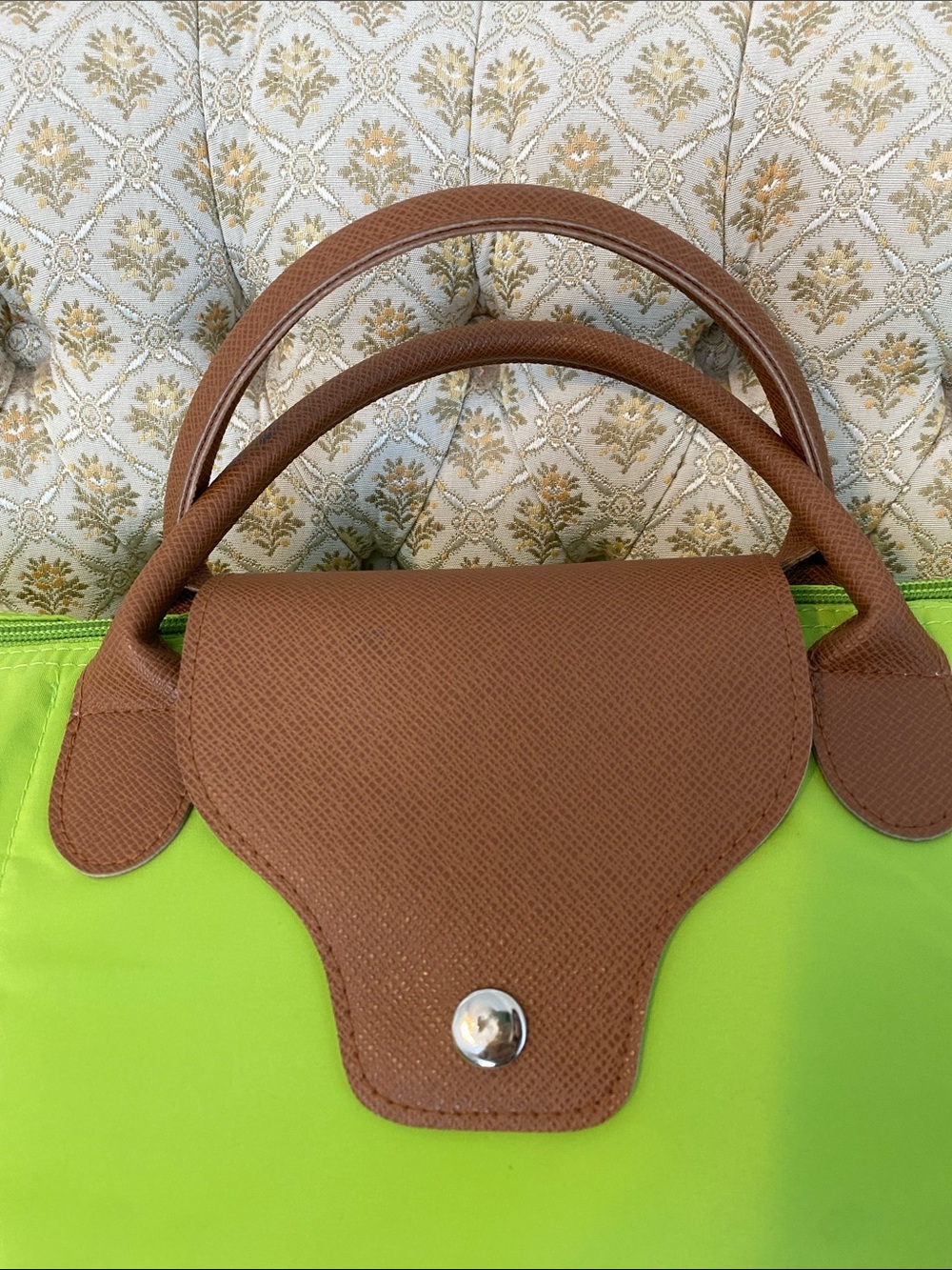 Bright Lime Green Nylon Tote with Brown Faux Leather Trim - Picture 3 of 7